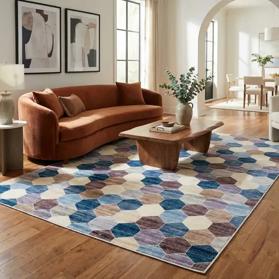 Ivory and Blue Geometric Distressed Area Rug Photo 5