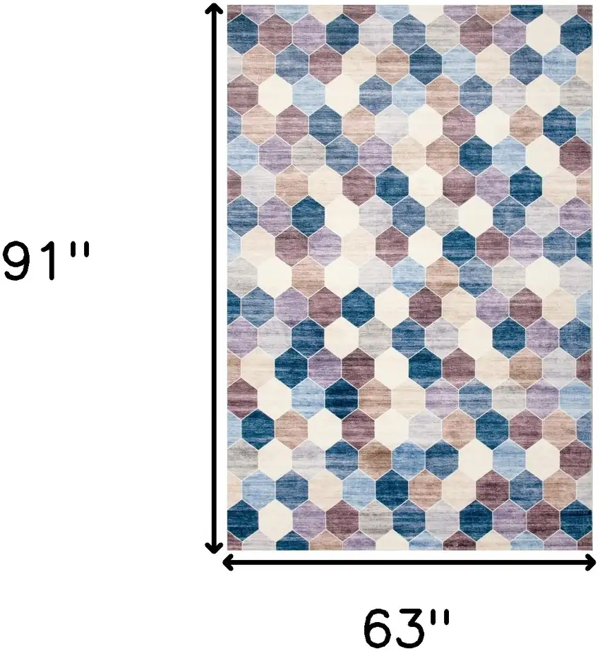 Ivory and Blue Geometric Distressed Area Rug Photo 3