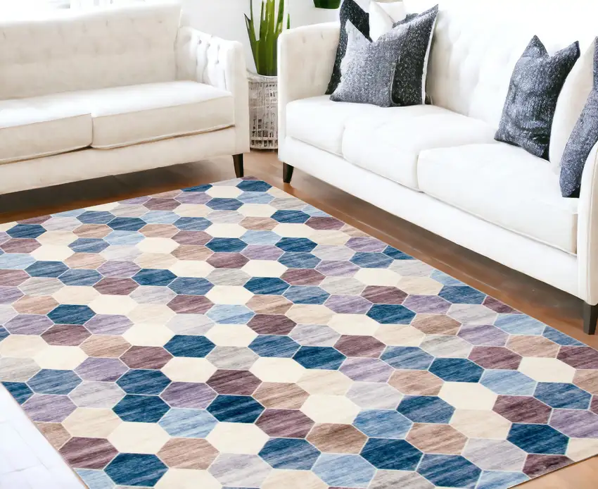 Ivory and Blue Geometric Distressed Area Rug Photo 1