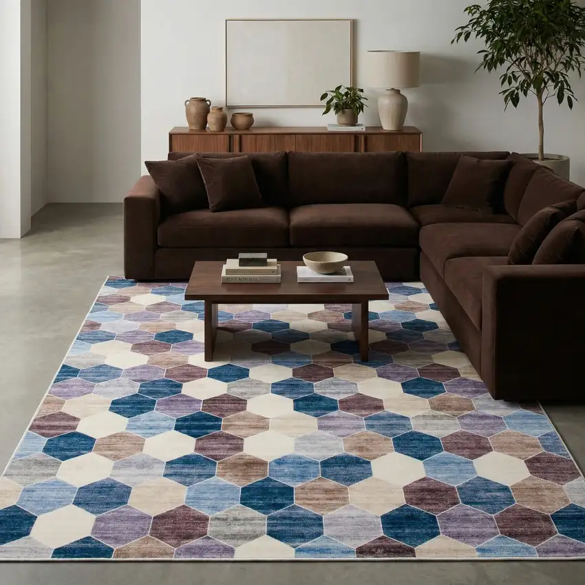 Ivory and Blue Geometric Distressed Area Rug Photo 8