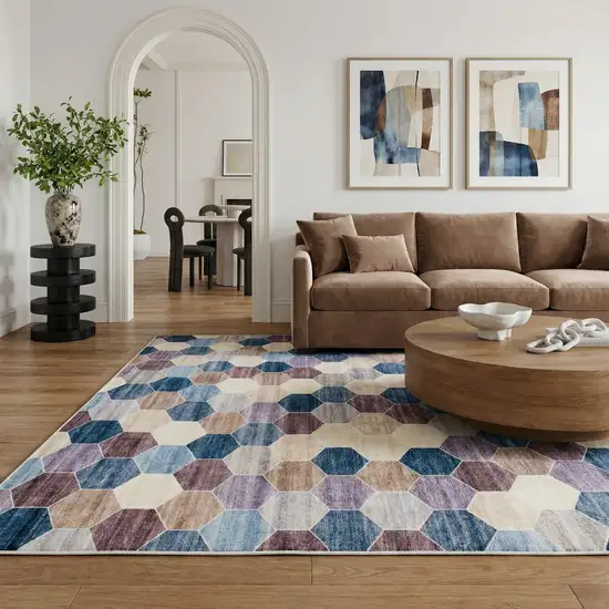 Ivory and Blue Geometric Distressed Area Rug Photo 7