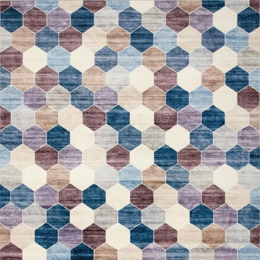 Ivory and Blue Geometric Distressed Area Rug Photo 3
