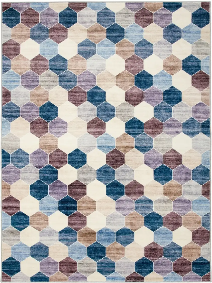 Ivory and Blue Geometric Distressed Area Rug Photo 4