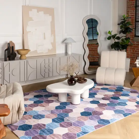 Ivory and Blue Geometric Distressed Area Rug Photo 6