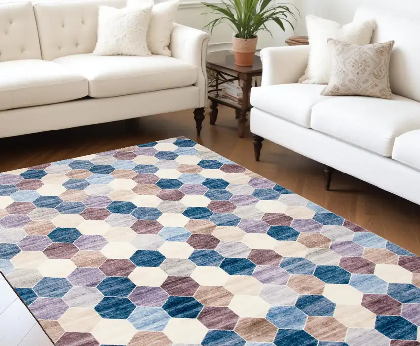 Ivory and Blue Geometric Distressed Area Rug Photo 1