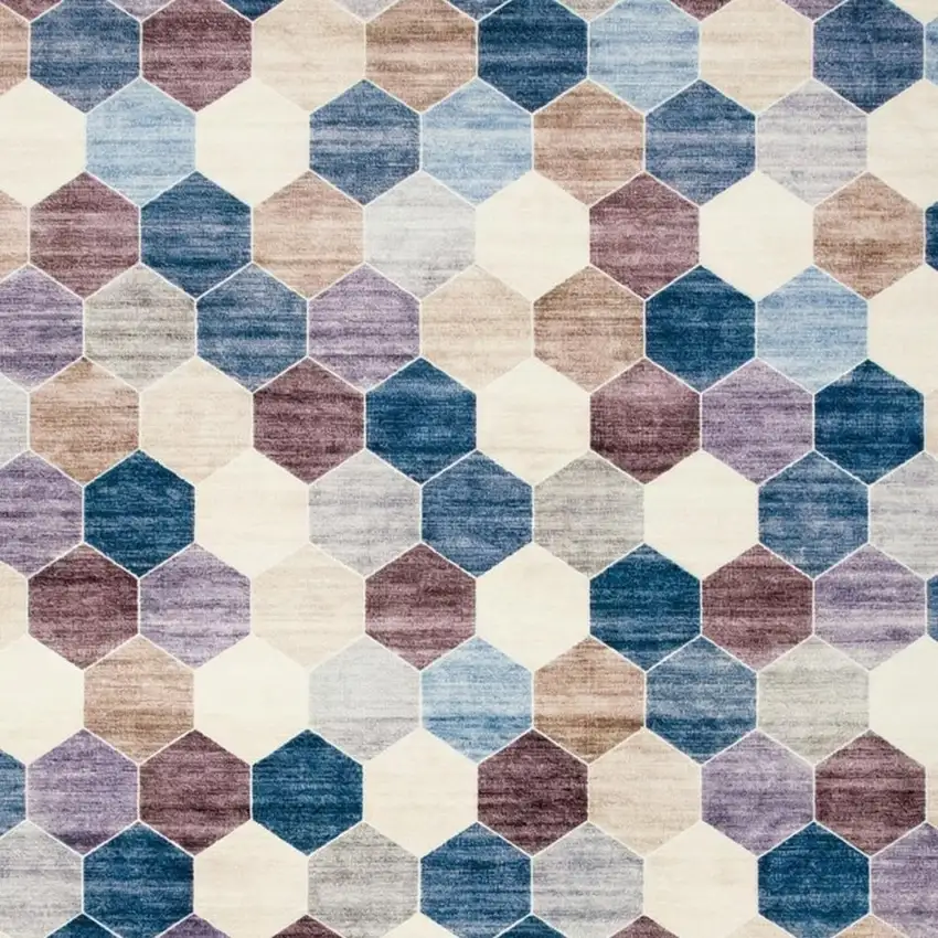 Ivory and Blue Geometric Distressed Area Rug Photo 2
