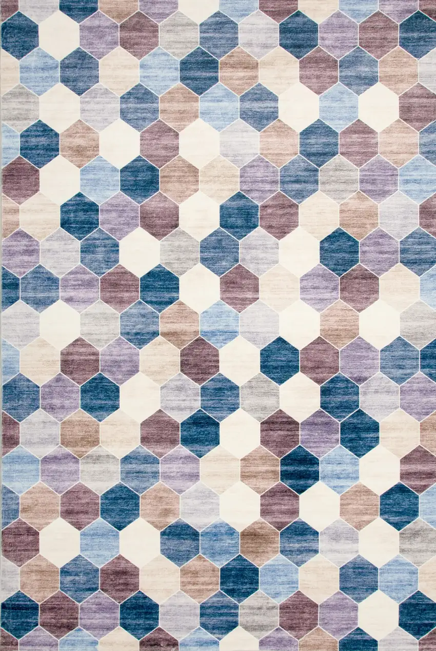 Ivory and Blue Geometric Distressed Area Rug Photo 5