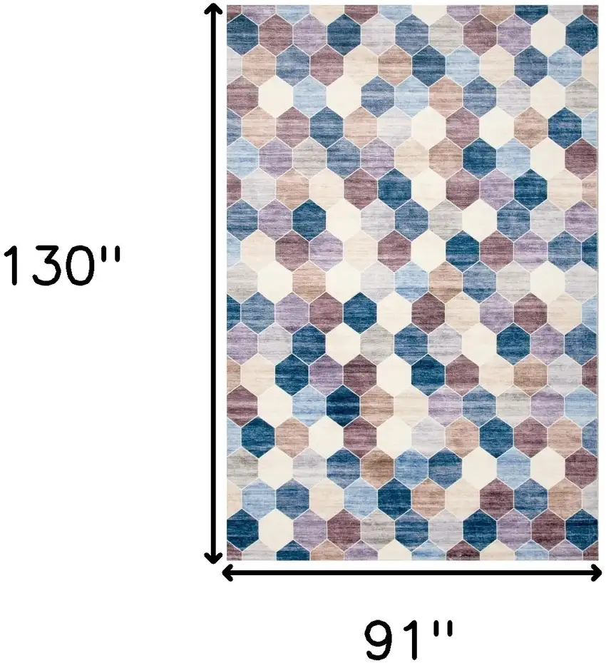 Ivory and Blue Geometric Distressed Area Rug Photo 3