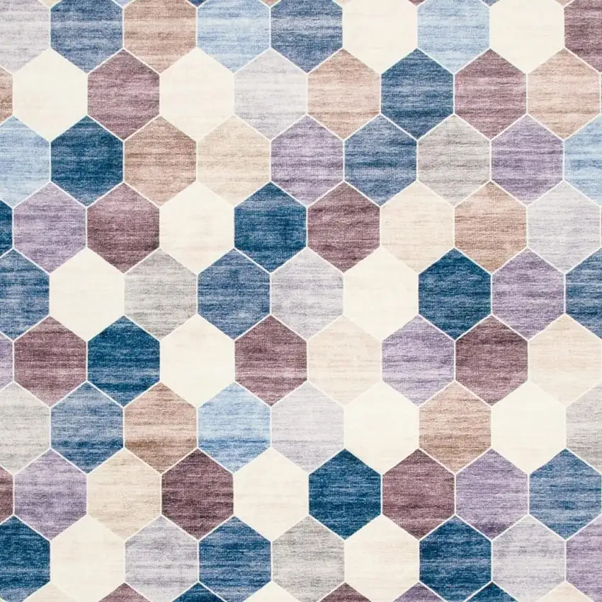 Ivory and Blue Geometric Distressed Area Rug Photo 3