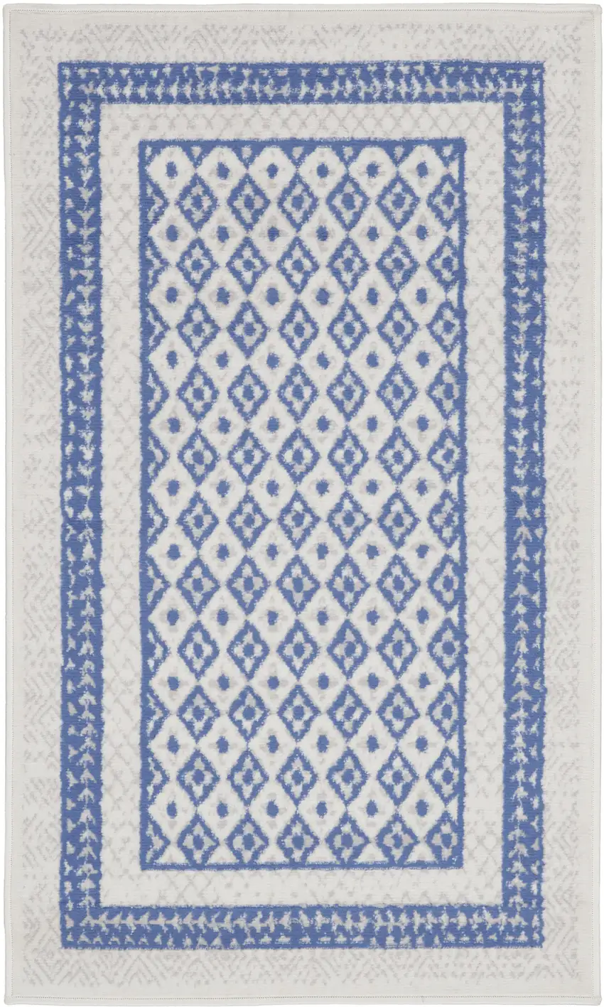 Ivory and Blue Geometric Distressed Area Rug Photo 2