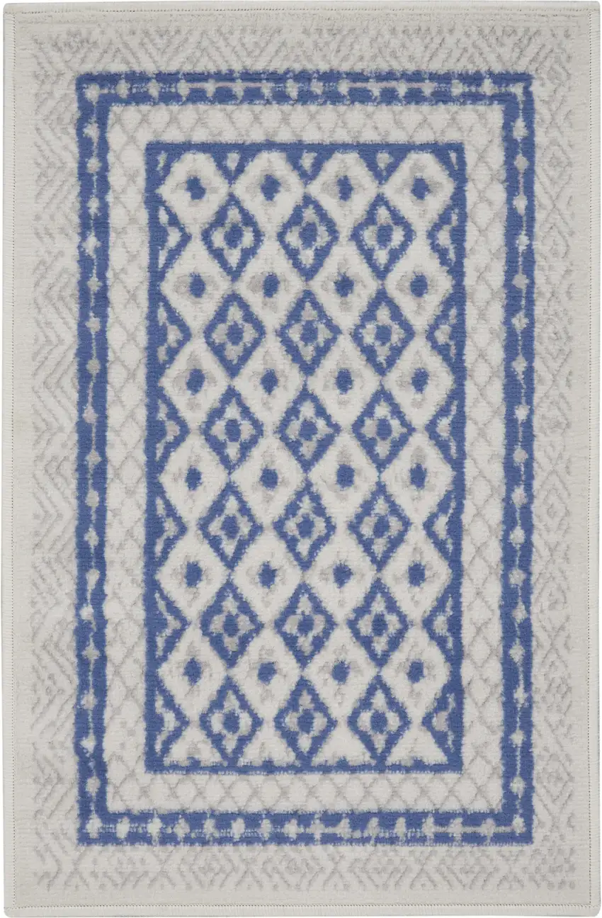 Ivory and Blue Geometric Distressed Area Rug Photo 2