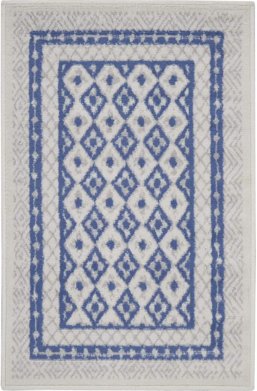 Ivory and Blue Geometric Distressed Area Rug Photo 4