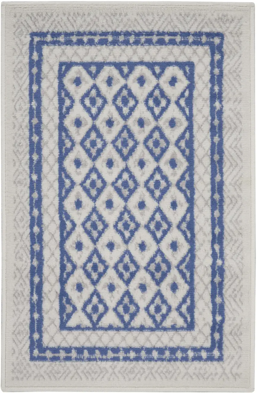 Ivory and Blue Geometric Distressed Area Rug Photo 4