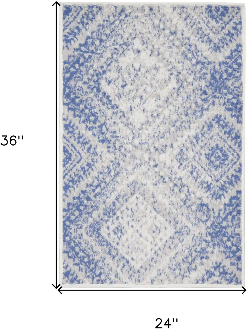 Ivory and Blue Geometric Distressed Area Rug Photo 3