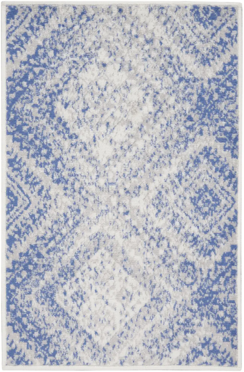 Ivory and Blue Geometric Distressed Area Rug Photo 1