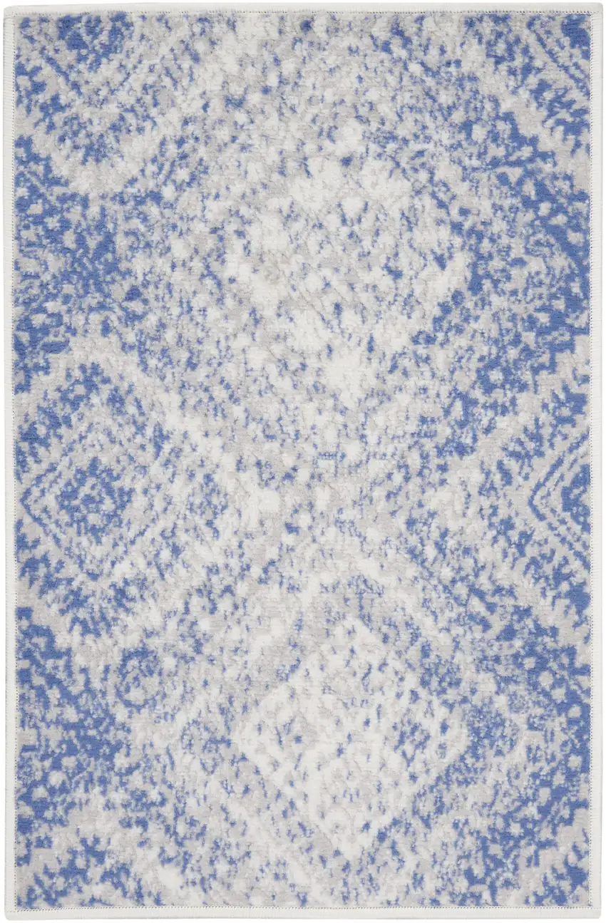 Ivory and Blue Geometric Distressed Area Rug Photo 4