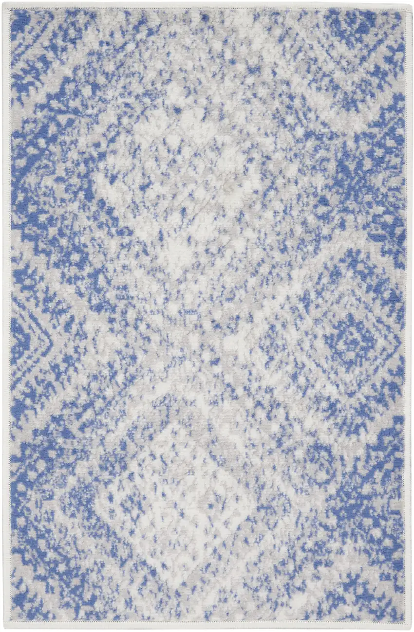 Ivory and Blue Geometric Distressed Area Rug Photo 2