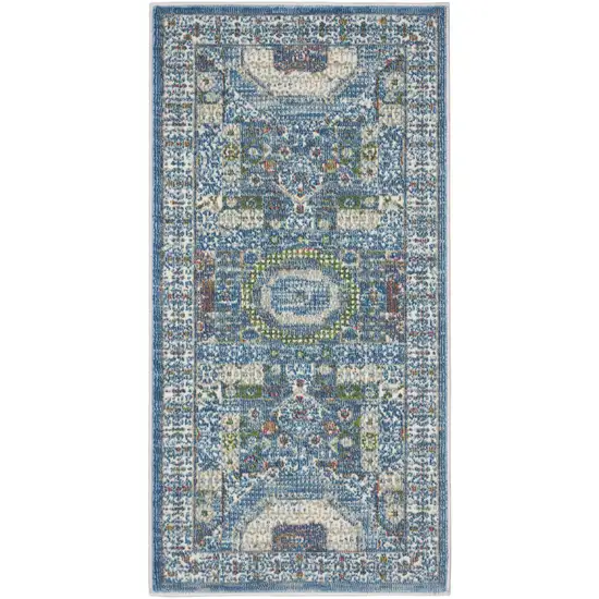 Ivory and Blue Geometric Distressed Non Skid Area Rug Photo 7