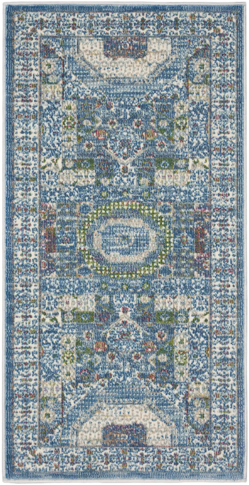 Ivory and Blue Geometric Distressed Non Skid Area Rug Photo 7