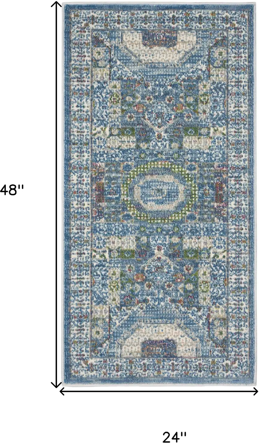 Ivory and Blue Geometric Distressed Non Skid Area Rug Photo 3
