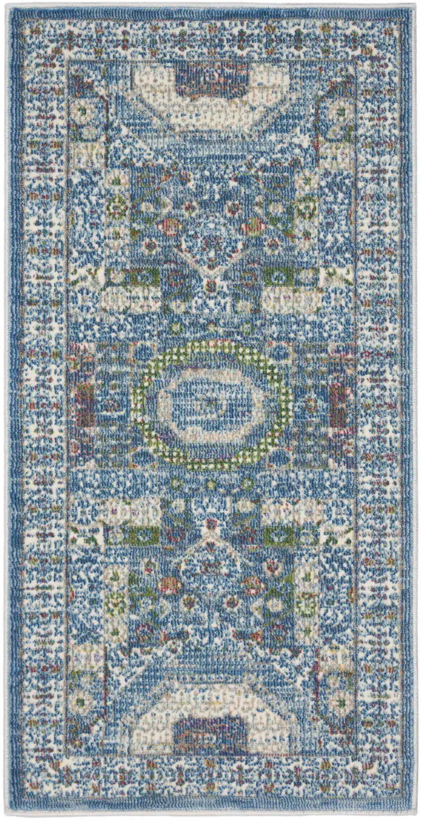 Ivory and Blue Geometric Distressed Non Skid Area Rug Photo 2
