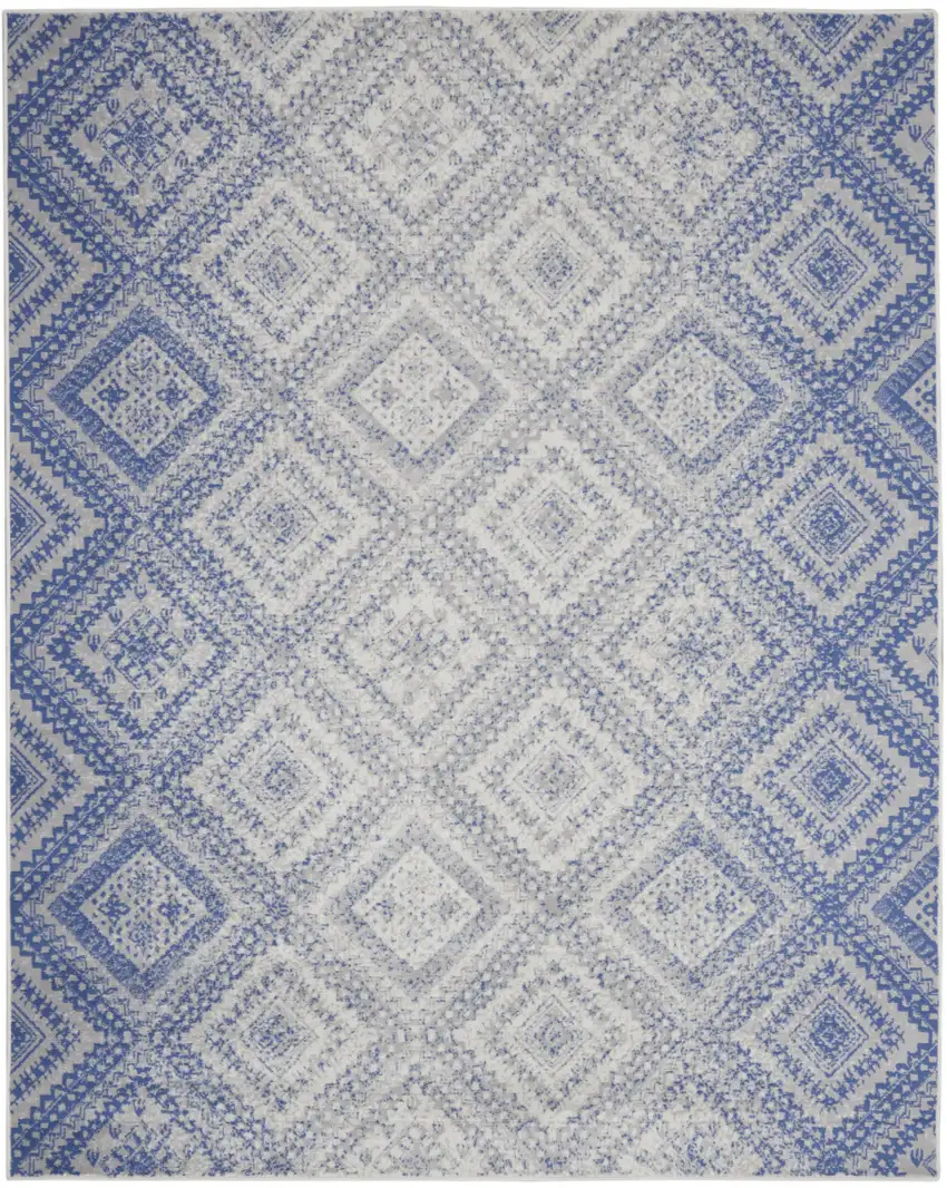 Ivory and Blue Geometric Distressed Non Skid Area Rug Photo 2