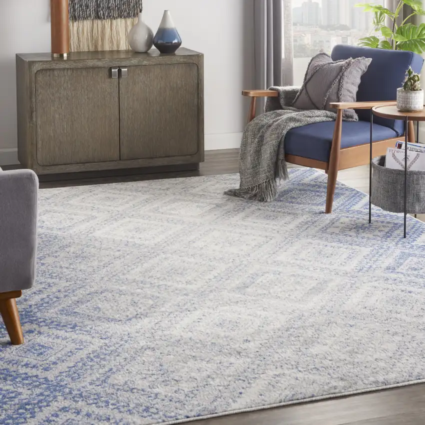 Ivory and Blue Geometric Distressed Non Skid Area Rug Photo 3