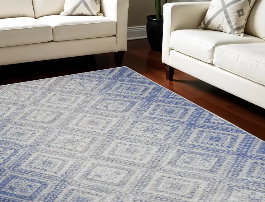 Ivory and Blue Geometric Distressed Non Skid Area Rug Photo 1