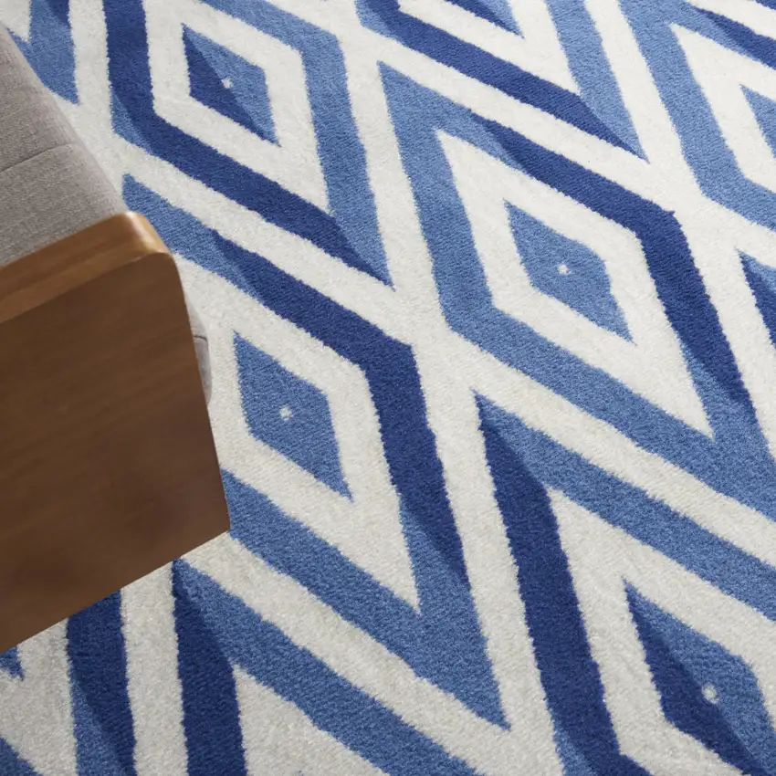 Ivory and Blue Geometric Distressed Non Skid Area Rug Photo 9