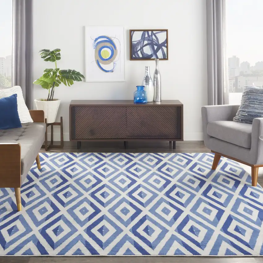 Ivory and Blue Geometric Distressed Non Skid Area Rug Photo 5