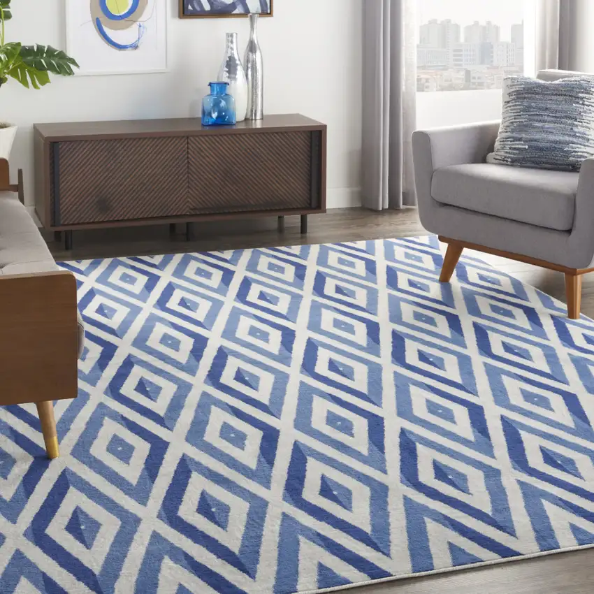 Ivory and Blue Geometric Distressed Non Skid Area Rug Photo 4