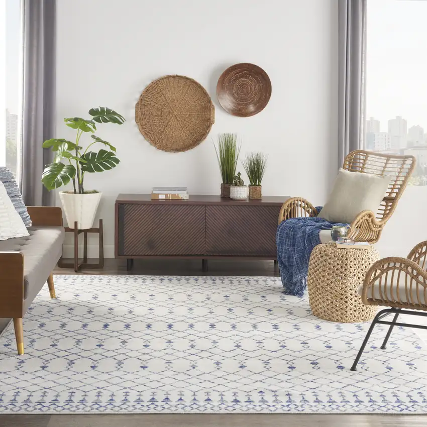 Ivory and Blue Geometric Distressed Non Skid Area Rug Photo 4