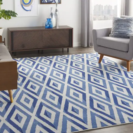 Ivory and Blue Geometric Distressed Non Skid Area Rug Photo 4
