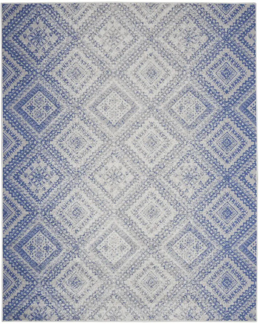 Ivory and Blue Geometric Distressed Non Skid Area Rug Photo 1