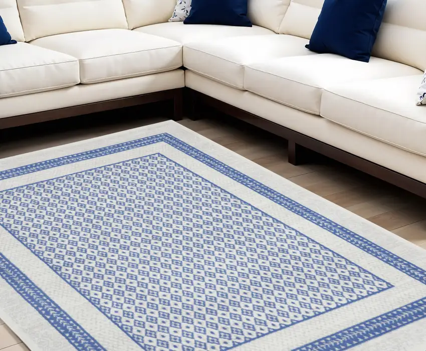 Ivory and Blue Geometric Distressed Non Skid Area Rug Photo 1