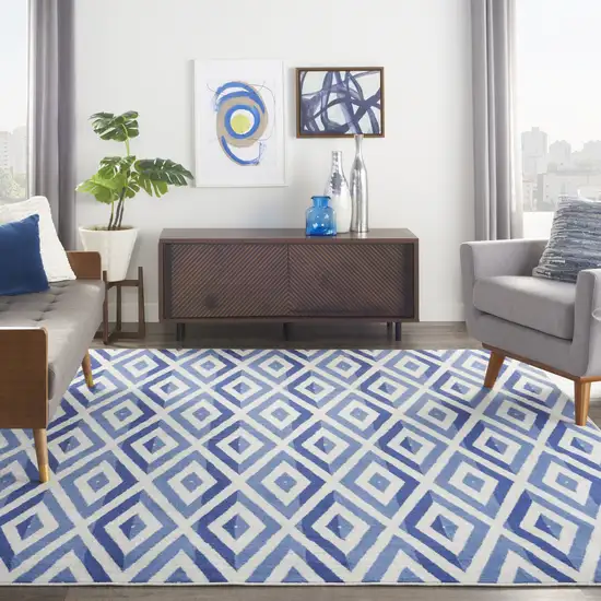 Ivory and Blue Geometric Distressed Non Skid Area Rug Photo 5