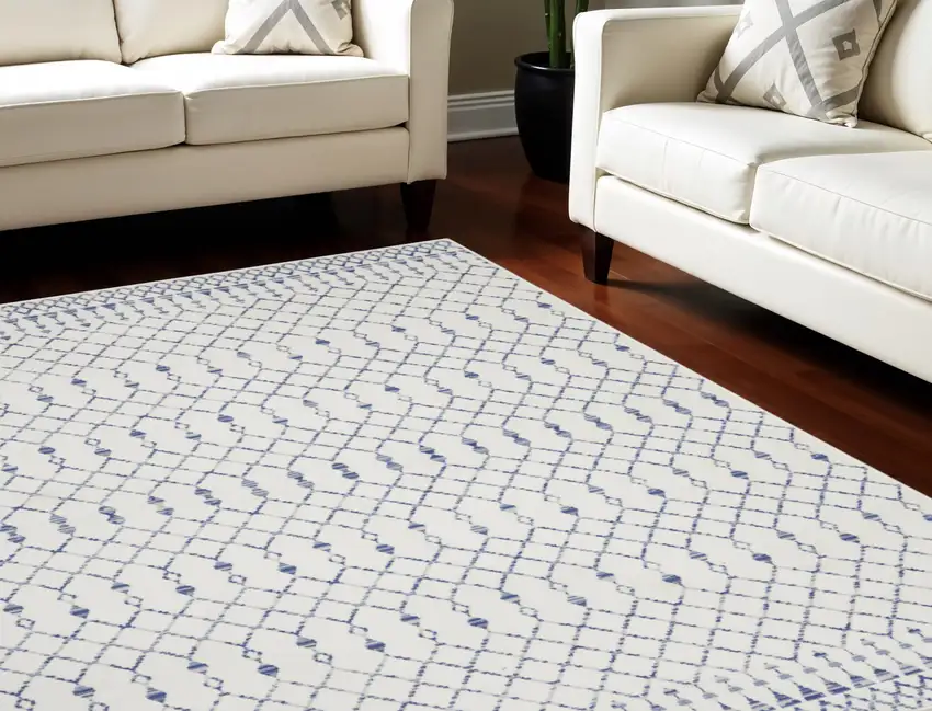 Ivory and Blue Geometric Distressed Non Skid Area Rug Photo 1