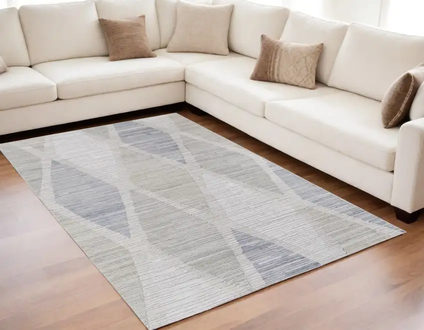 Ivory and Blue Geometric Hand Woven Area Rug Photo 1