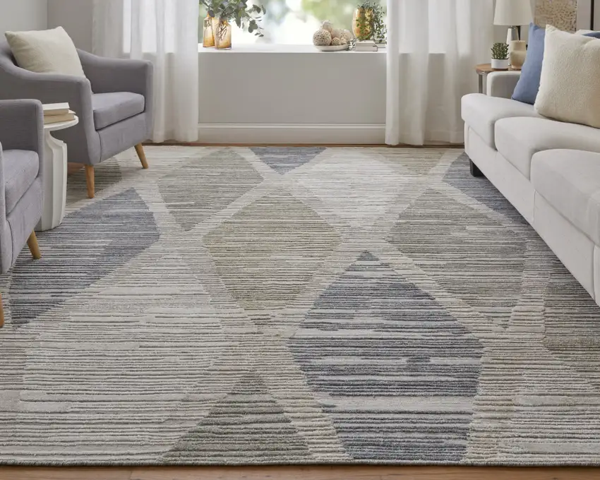 Ivory and Blue Geometric Hand Woven Area Rug Photo 9