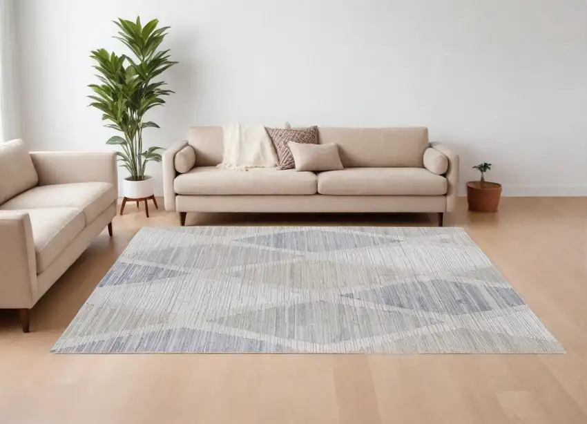 Ivory and Blue Geometric Hand Woven Area Rug Photo 1