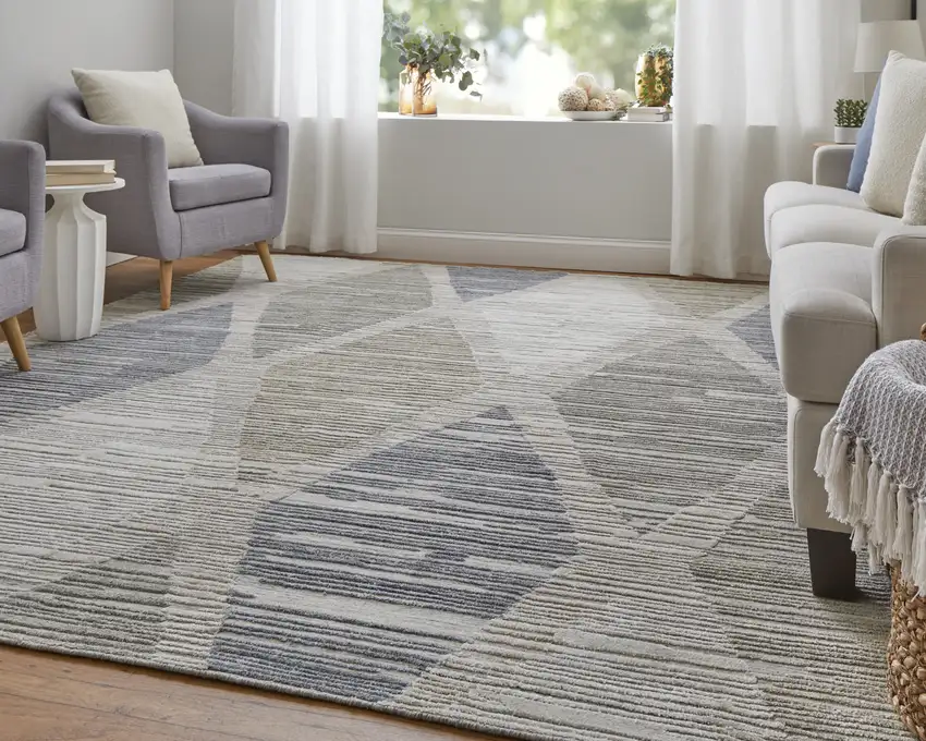 Ivory and Blue Geometric Hand Woven Area Rug Photo 8