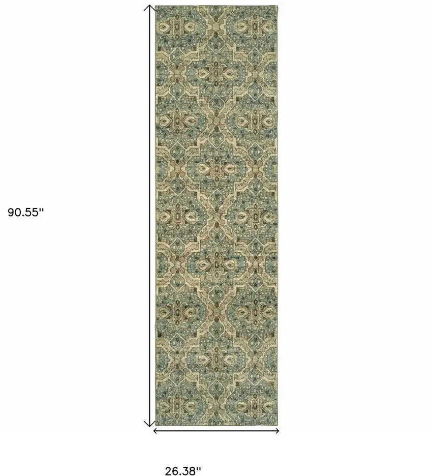 Ivory and Blue Geometric Runner Rug Photo 5