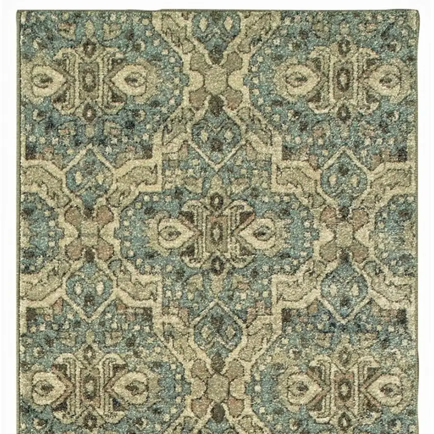 Ivory and Blue Geometric Runner Rug Photo 4