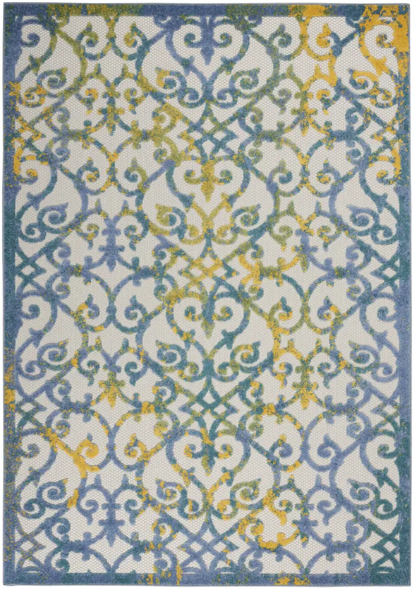 Ivory And Blue Floral Indoor Outdoor Area Rug Photo 1