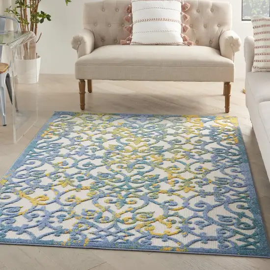 Ivory And Blue Floral Indoor Outdoor Area Rug Photo 8