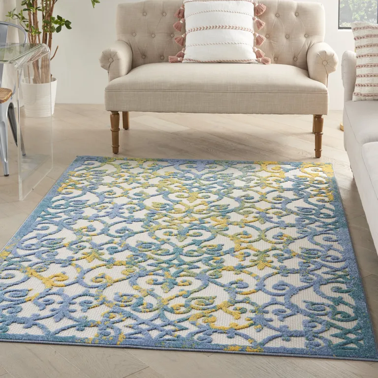 Ivory and Blue Indoor Outdoor Area Rug Photo 2