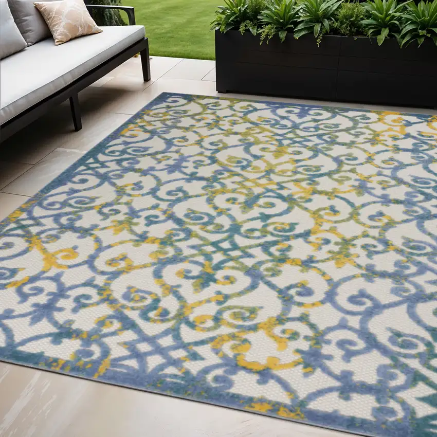 Ivory And Blue Indoor Outdoor Area Rug Photo 2
