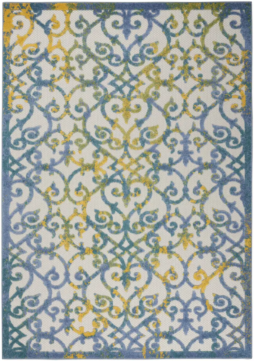 Ivory And Blue Floral Indoor Outdoor Area Rug Photo 7