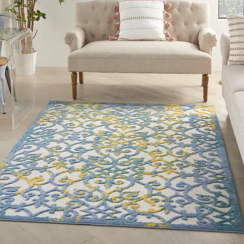 Ivory And Blue Floral Indoor Outdoor Area Rug Photo 6