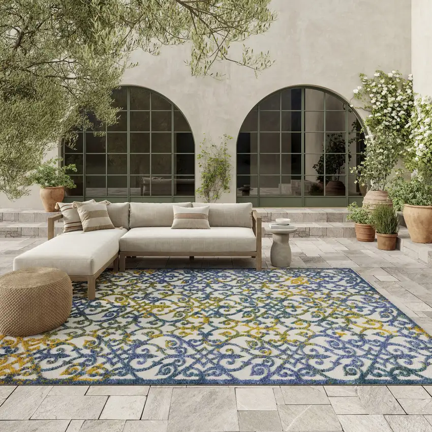 Ivory And Blue Indoor Outdoor Area Rug Photo 4